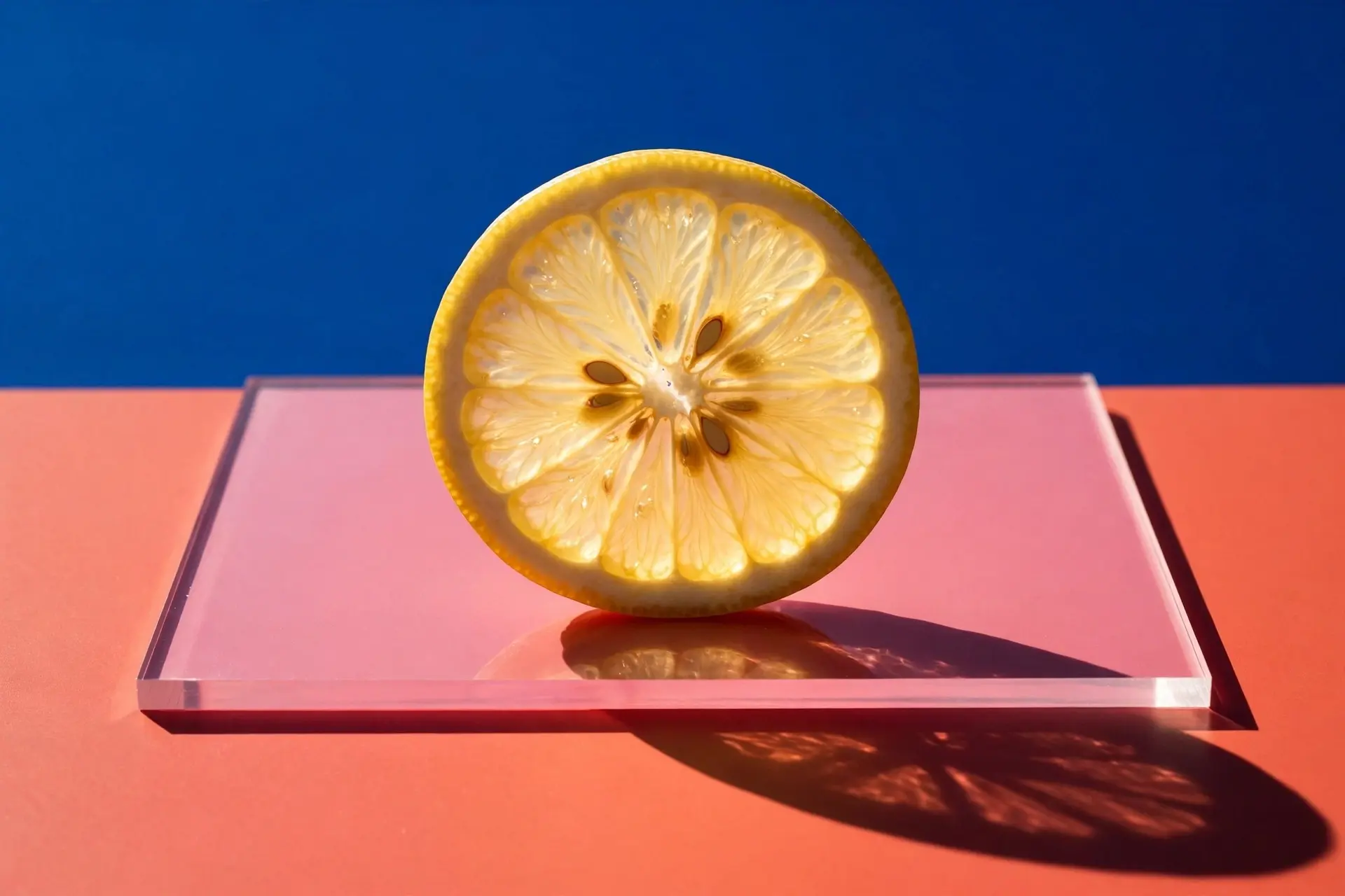 Minimalist lemon slice product photography with bold blue and terracotta color blocking, studio lighting, and precise shadow control — export-ready e-commerce hero still.