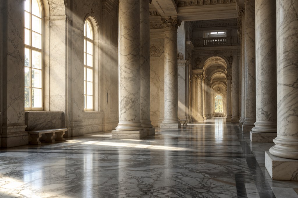 Monumental classical marble hall reference image for the 3D world case