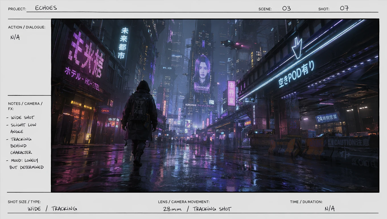 Quick storyboard frame: a character walking through a futuristic city street at night, neon signs, cinematic wide shot, concept art style.