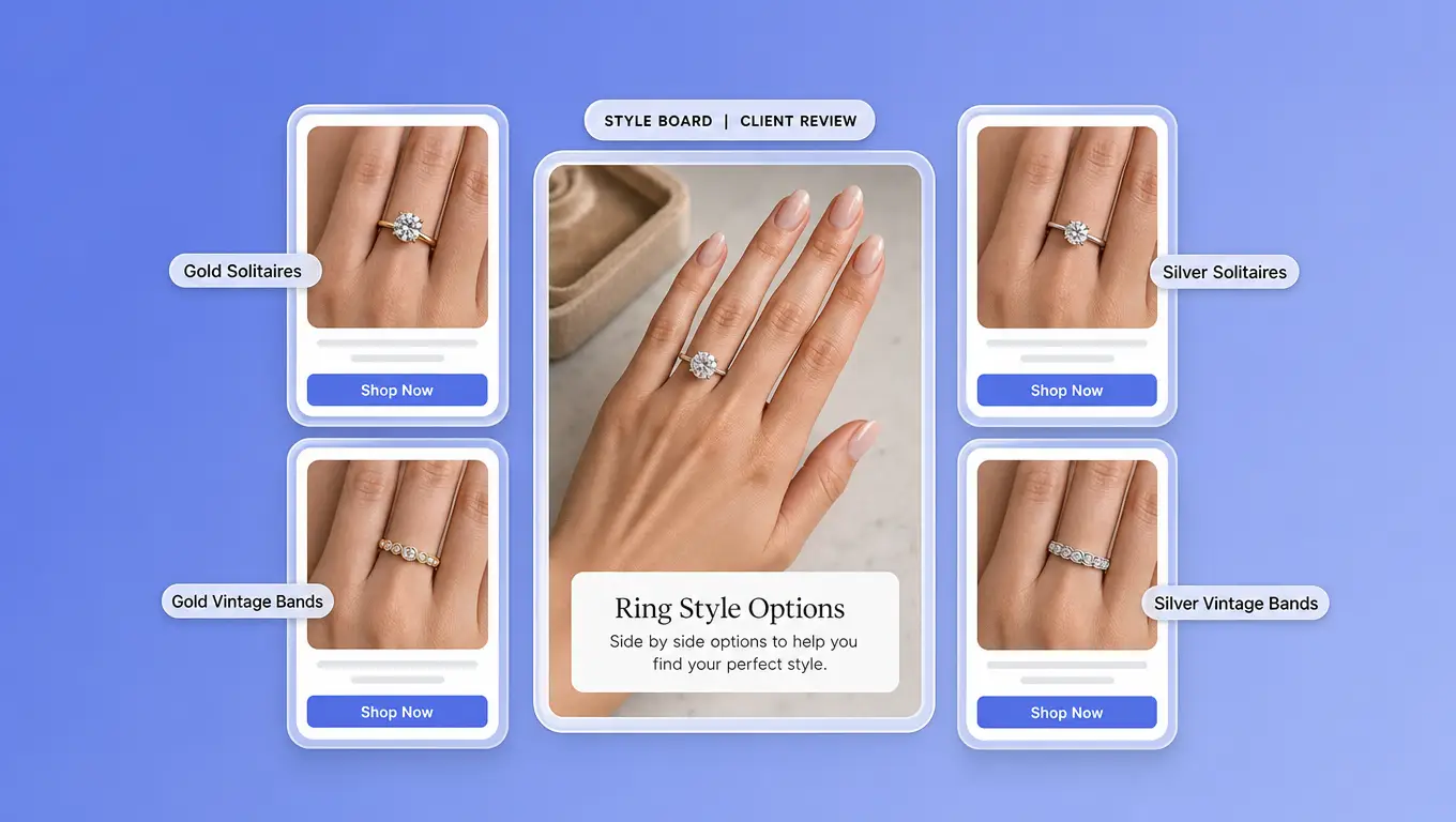 Sales style board with virtual ring try on previews