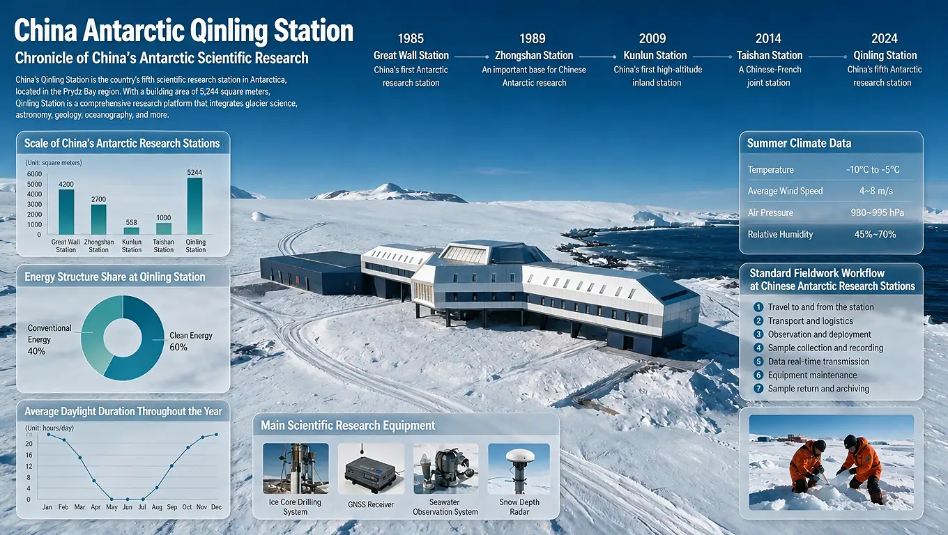 Infographic on China's Antarctic Qinling Station: timeline of research stations from 1985 to 2024, bar chart comparing station scale, donut chart of clean-energy share, daylight-duration line chart, scientific-equipment icons, summer climate data panel, and a numbered fieldwork workflow, over an aerial photo of the snow-covered station.