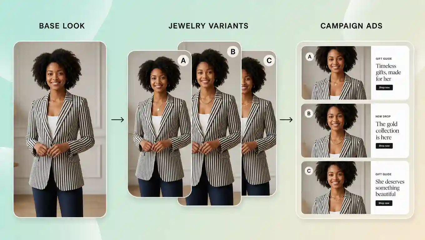 Model-and-jewelry preview for social ads