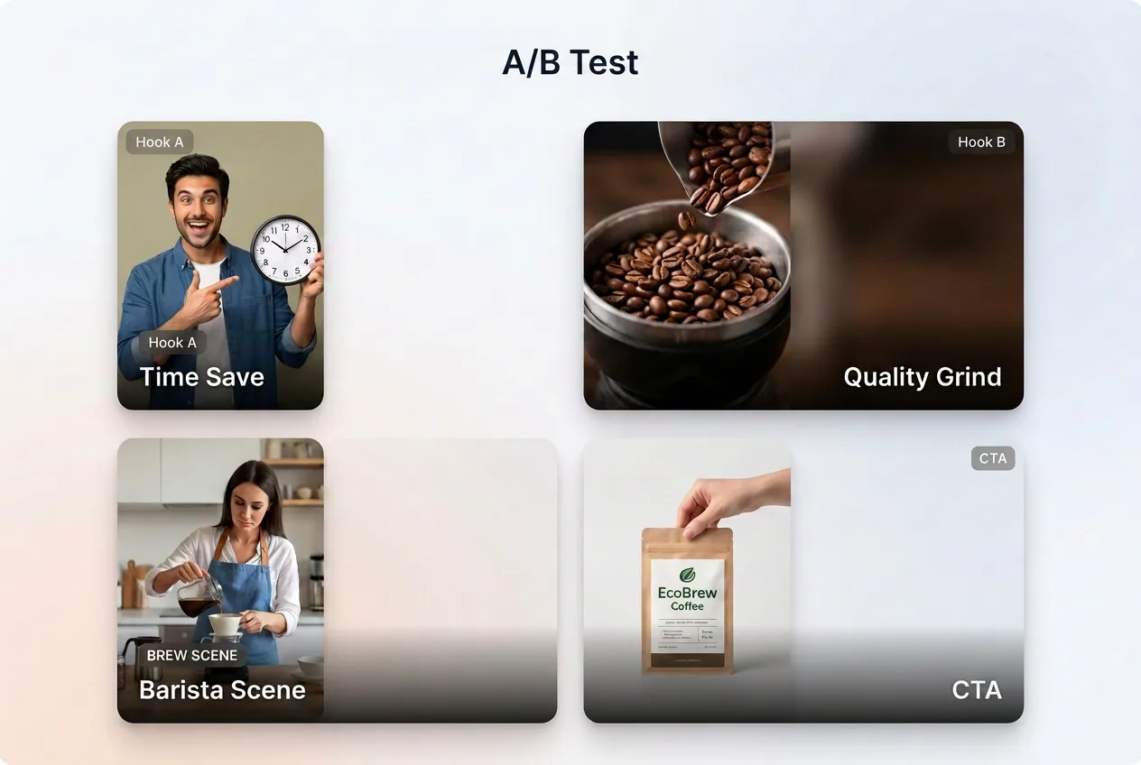 Generate Product Video Variations for Testing - hooks, angles, scenes, and CTAs for campaign tests.