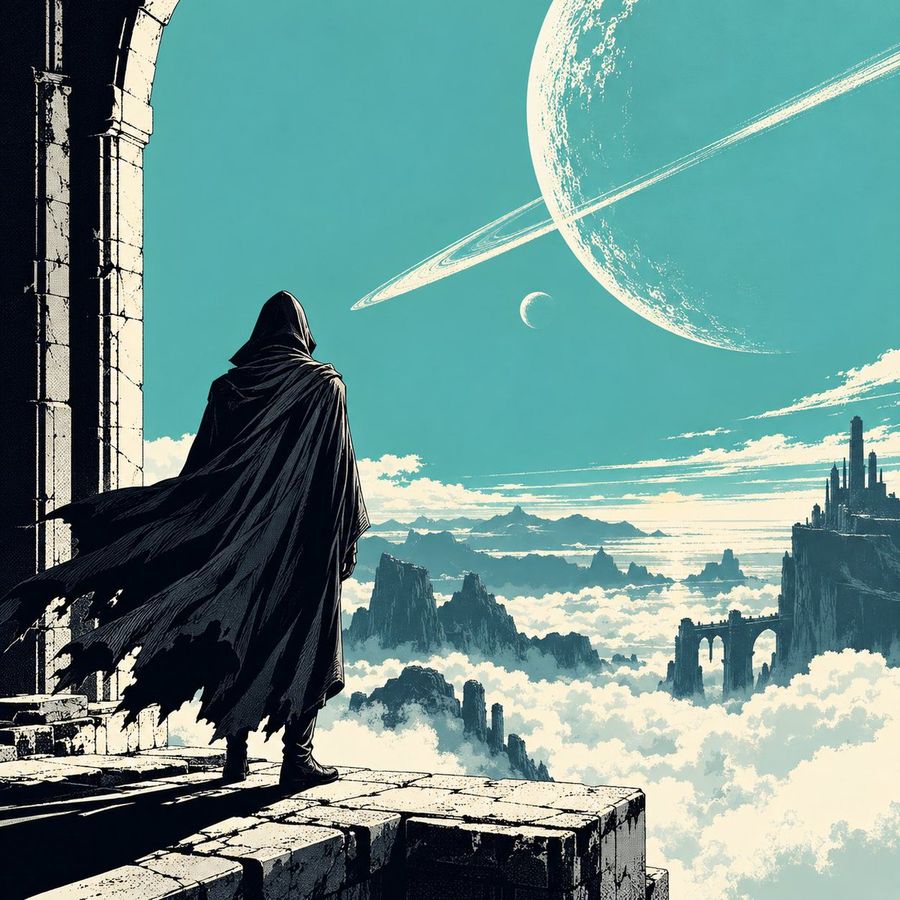 Cloaked Figure Gazing at Ringed Planet