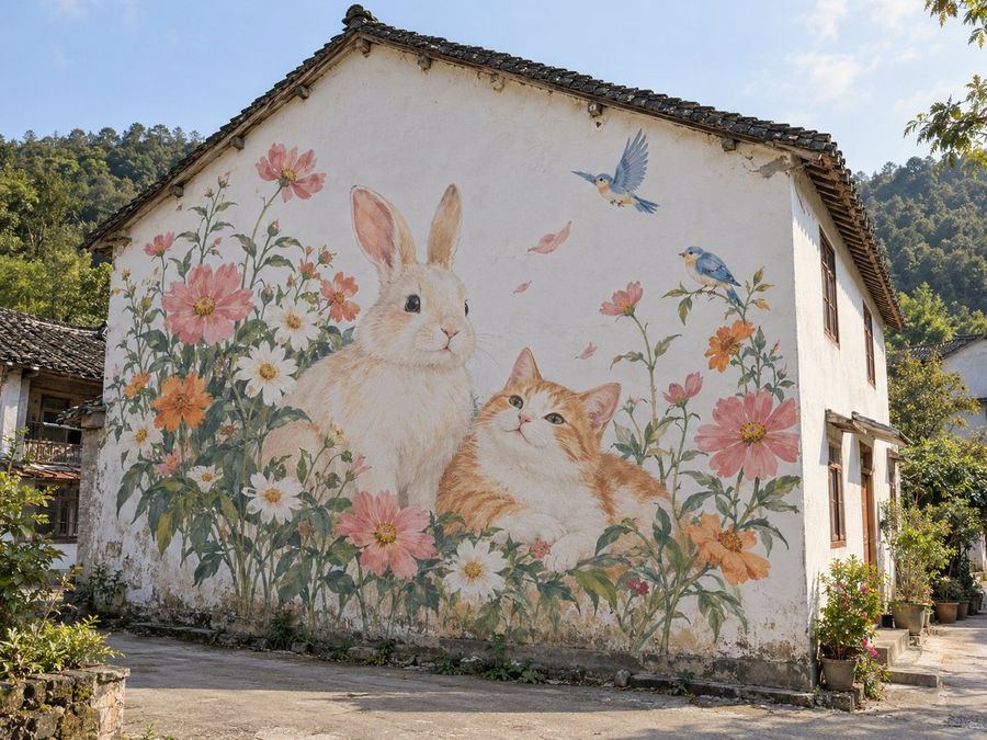 Country House Mural: Rabbit and Cat