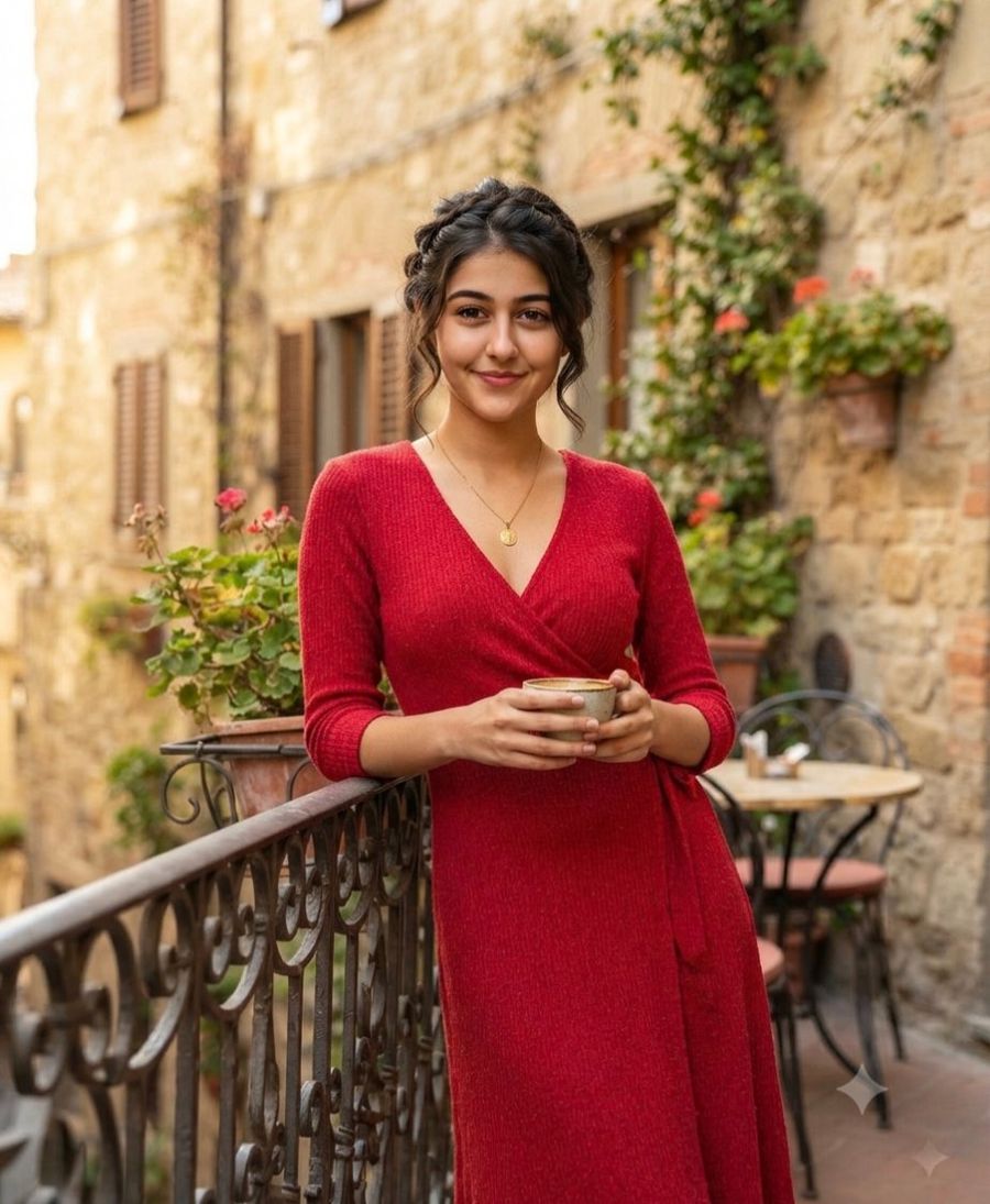 Elegant Woman on Stone Balcony