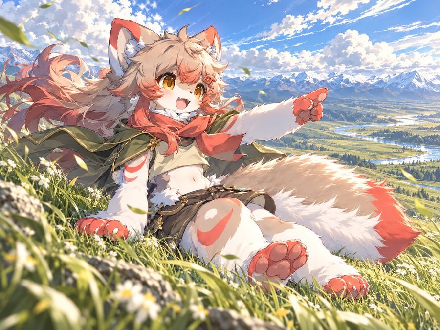 Anime Fox-Eared Girl Pointing at Mountains
