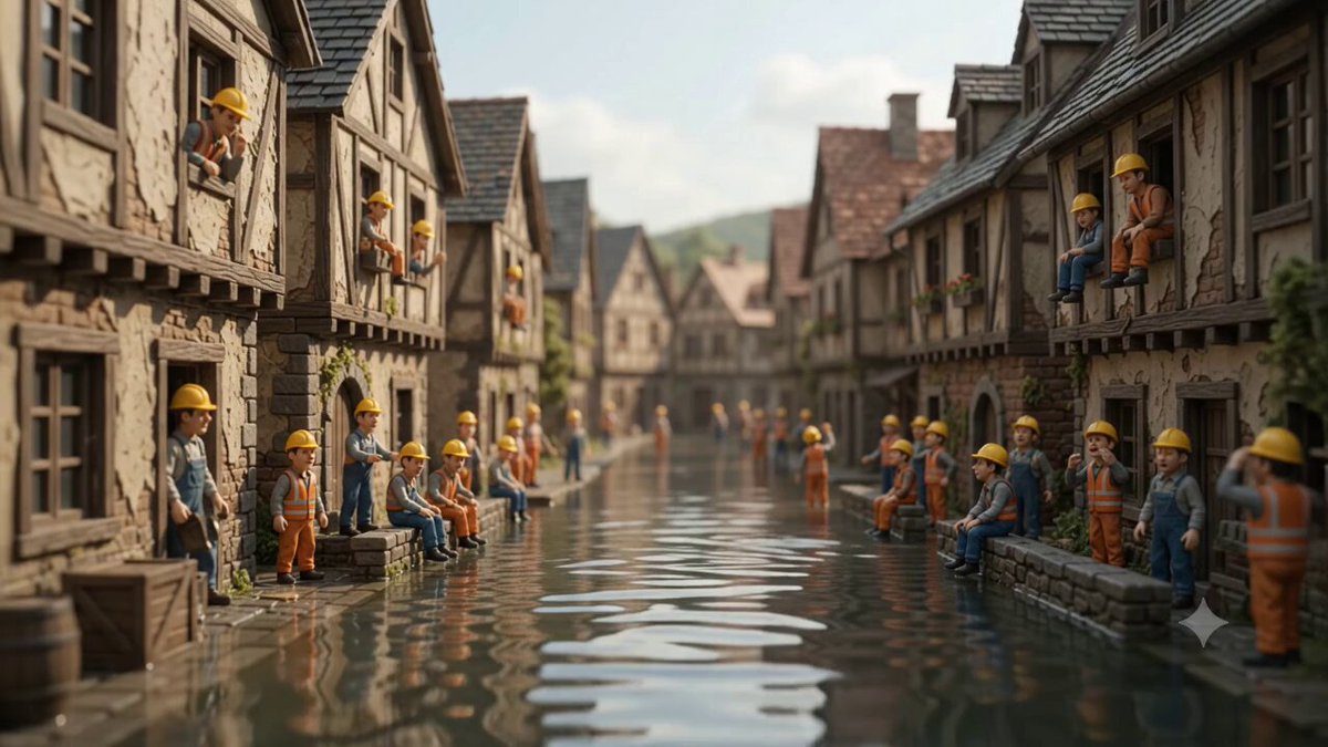Miniature Village Flood Control Scene