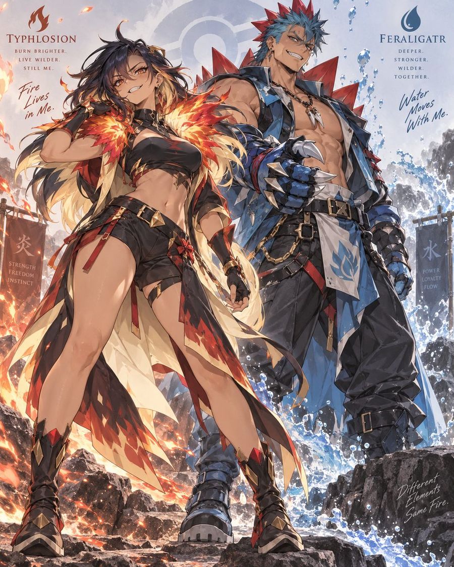 Anime Fire and Water Character Duo