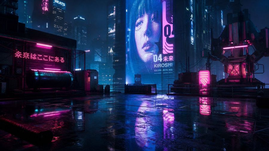 Rainy Night Cyberpunk City Rooftop