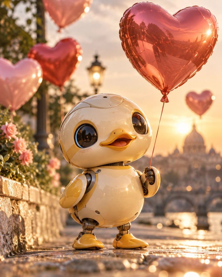 Cute Robot Duck with Heart Balloon in Paris Sunset
