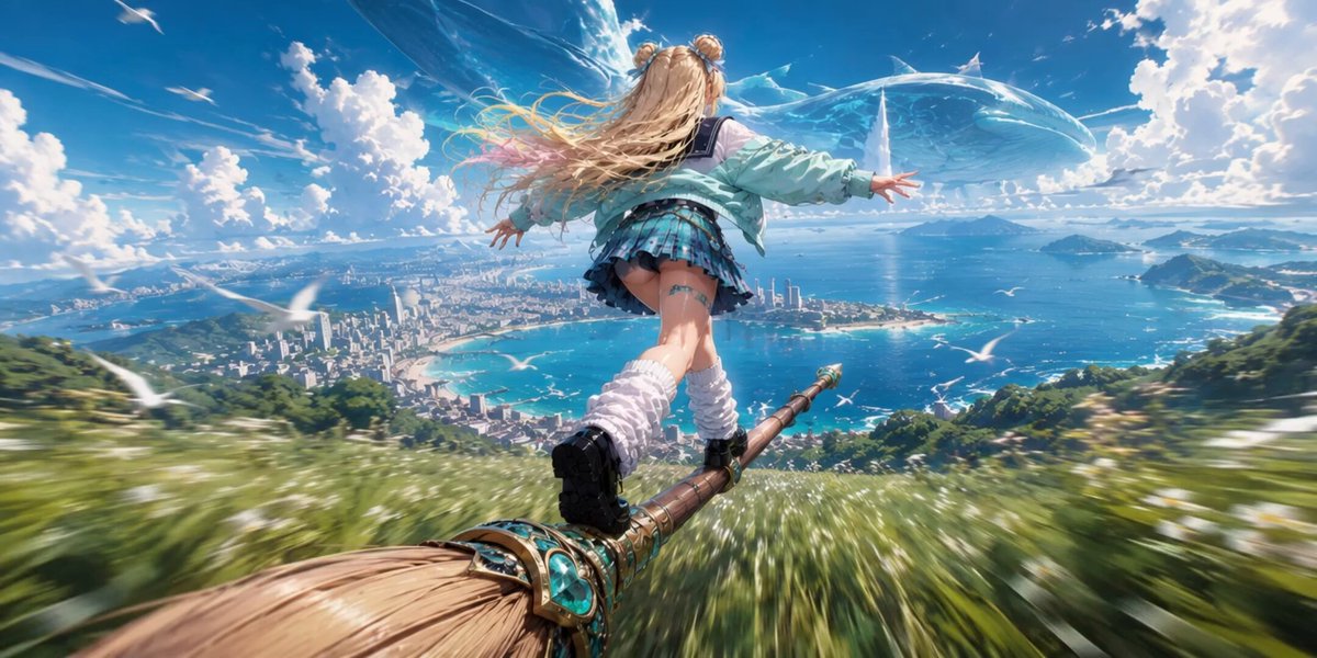 High-speed magical broom flight video prompt
