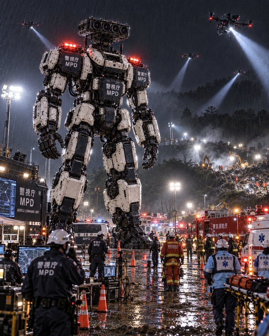 Giant Police Robot in Night Rescue