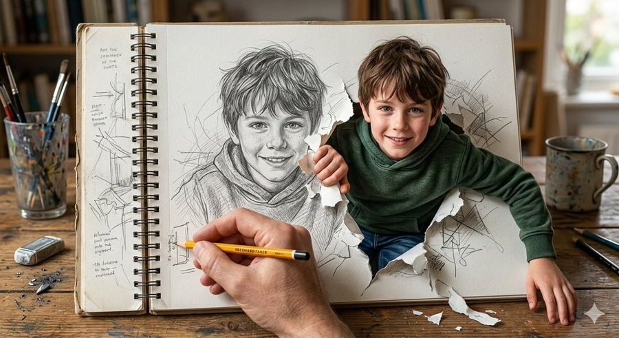 Cinematic 3D Illustration of Boy Jumping from Sketchbook