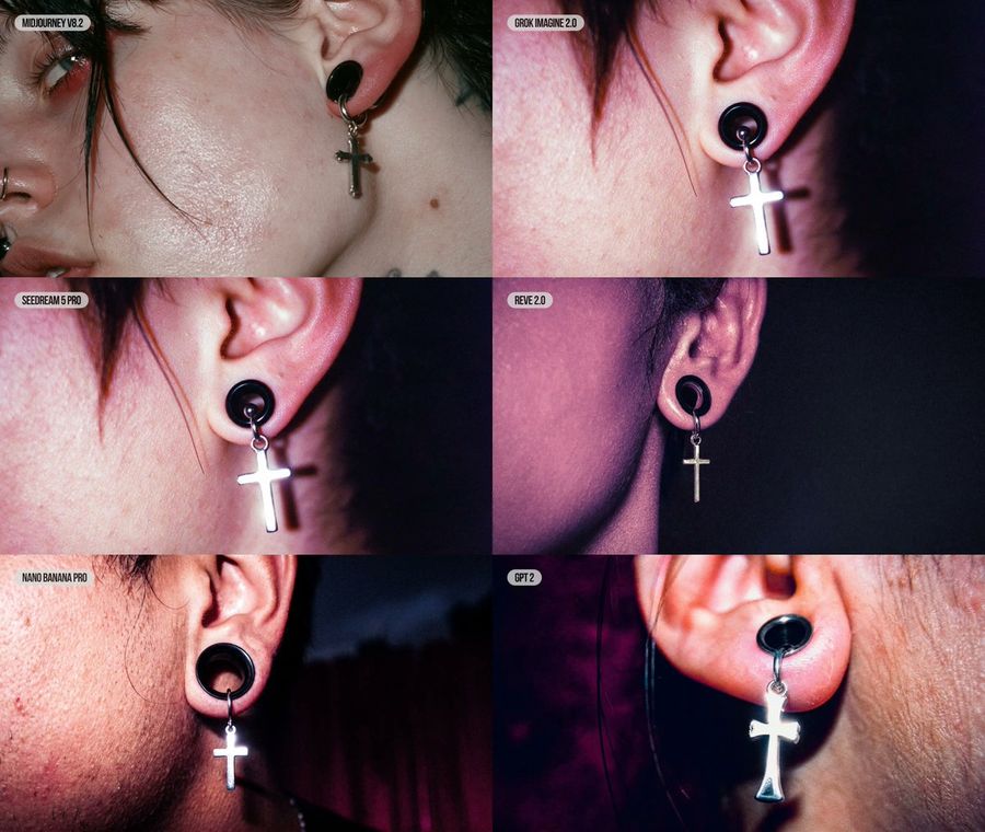 Six-Grid AI Jewelry Portrait Comparison