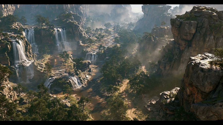 Cinematic Rocky Waterfall Valley