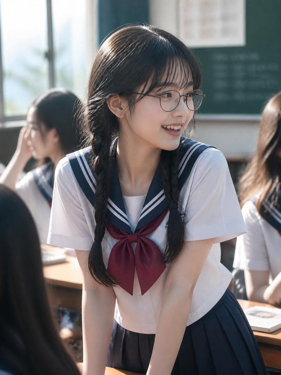 Realistic Japanese High School Girl Classroom Portrait