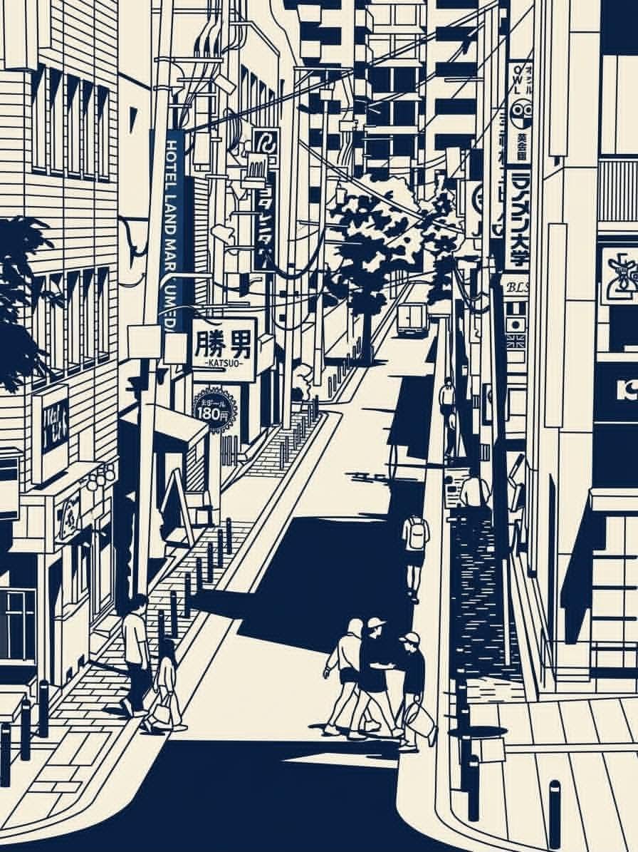 Japanese Urban Streetscape Illustration Prompt