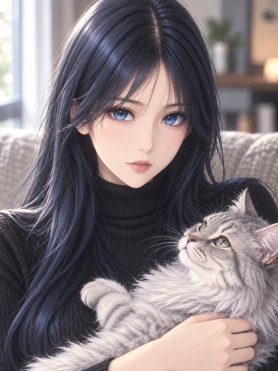 Semi-Realistic Girl with Cat