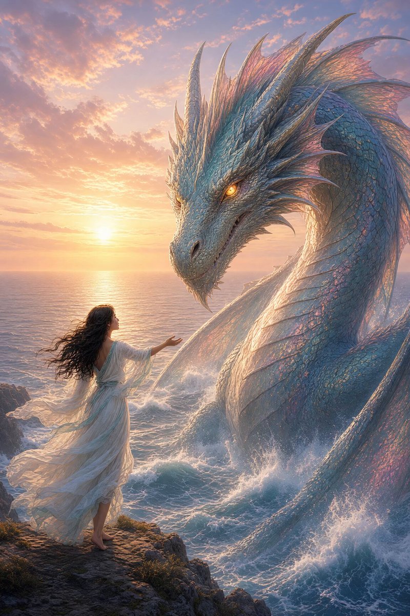 Dragon and Woman at Sunset