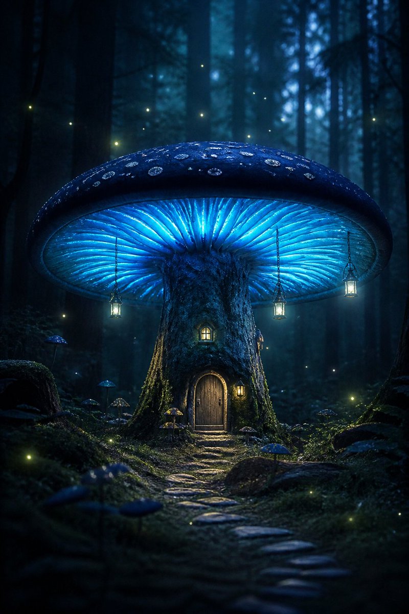 Bioluminescent Giant Mushrooms in Dark Forest