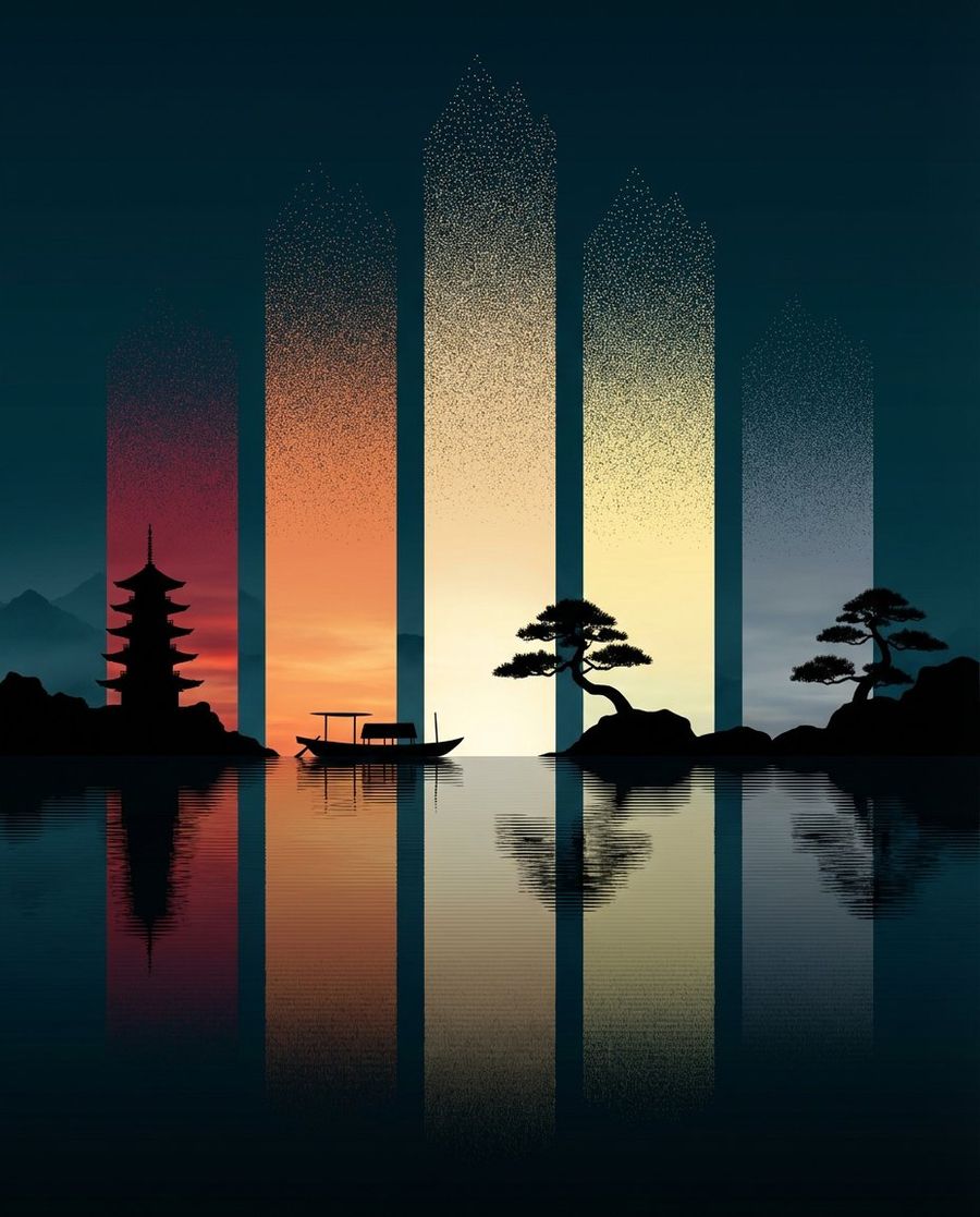 Abstract Oriental Zen Landscape with Time-Slice Lighting