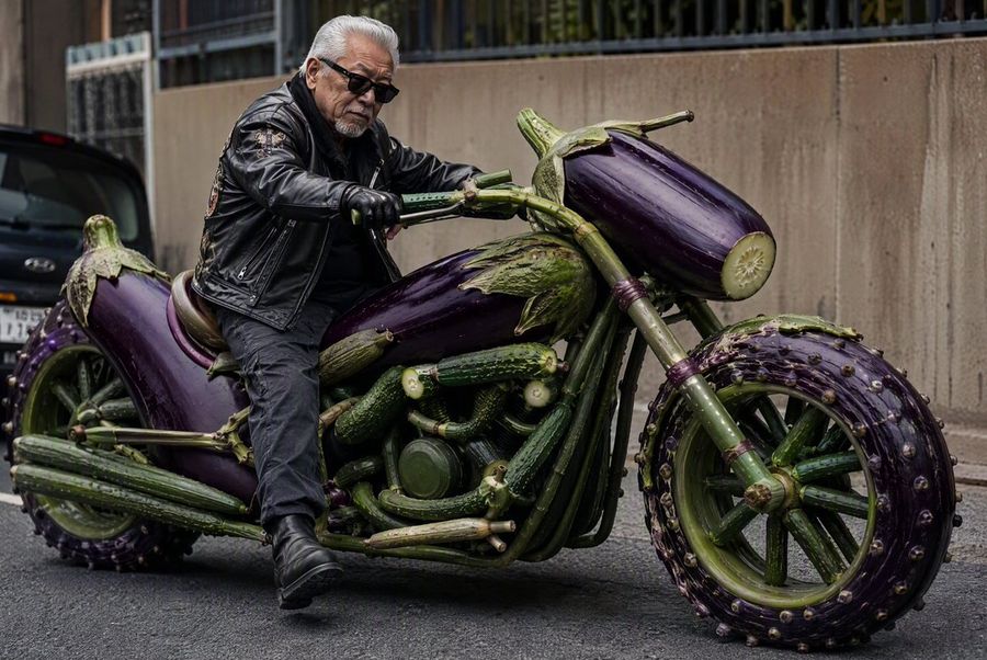 Elderly Biker on Eggplant Motorcycle