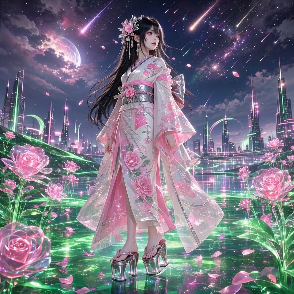 Grok Imagine Video Prompt: Meteor Shower and Neon Roses