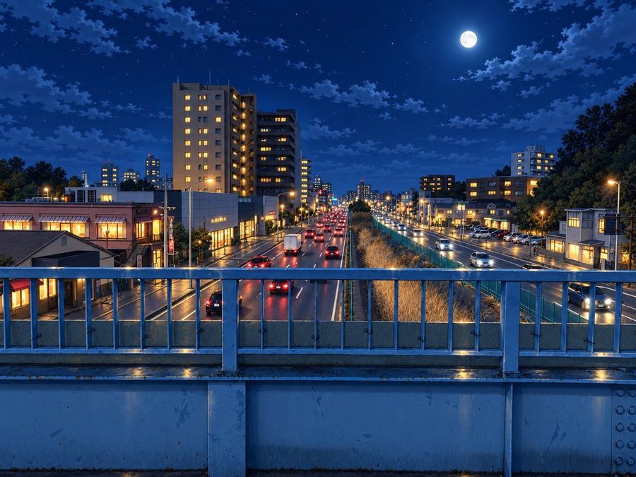 Rainy Night City Overpass under Moonlight