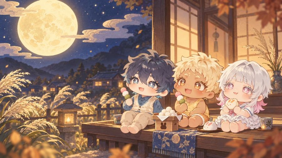 Chibi Characters Moon Gazing