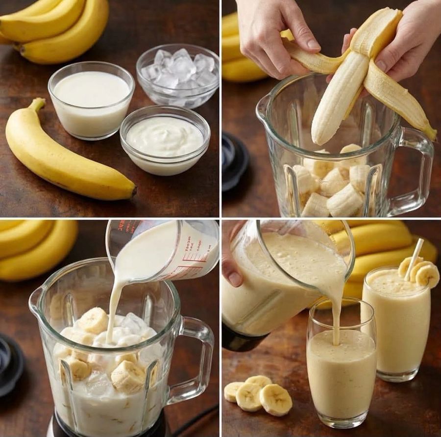 Four-Grid Banana Milkshake Recipe Collage