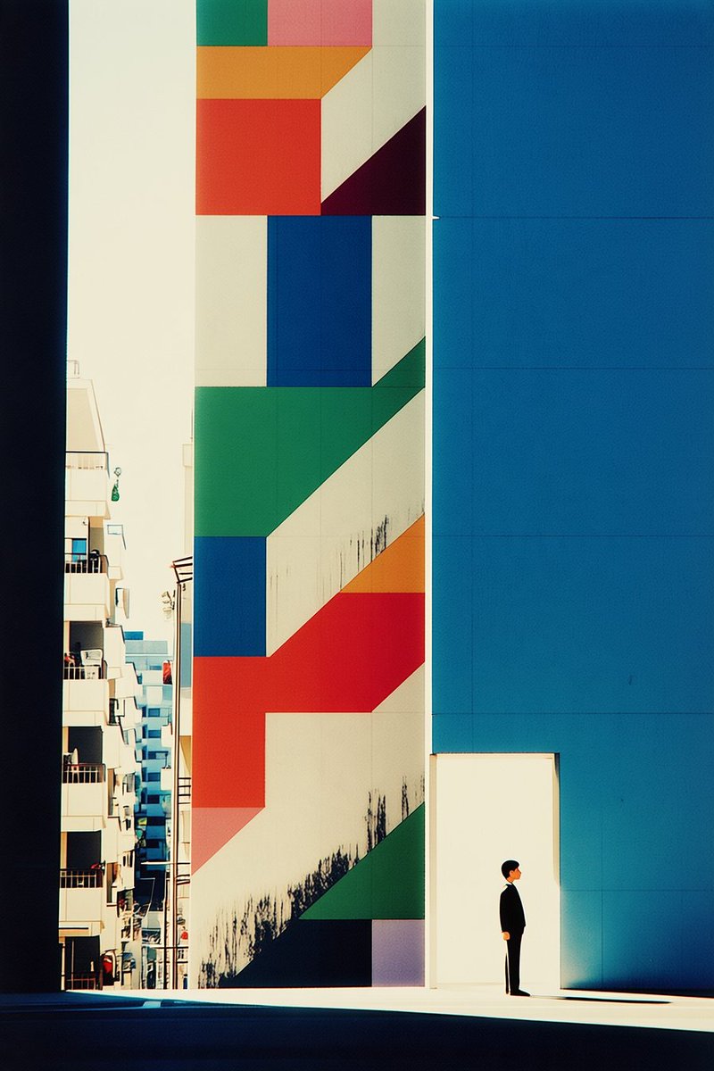 Tiny Figure with Geometric Mural and Blue Wall