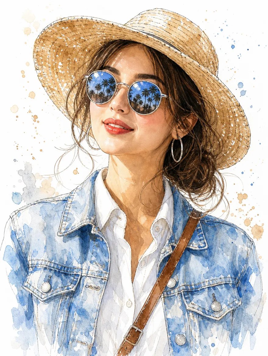 Watercolor Portrait of a Woman in a Straw Hat