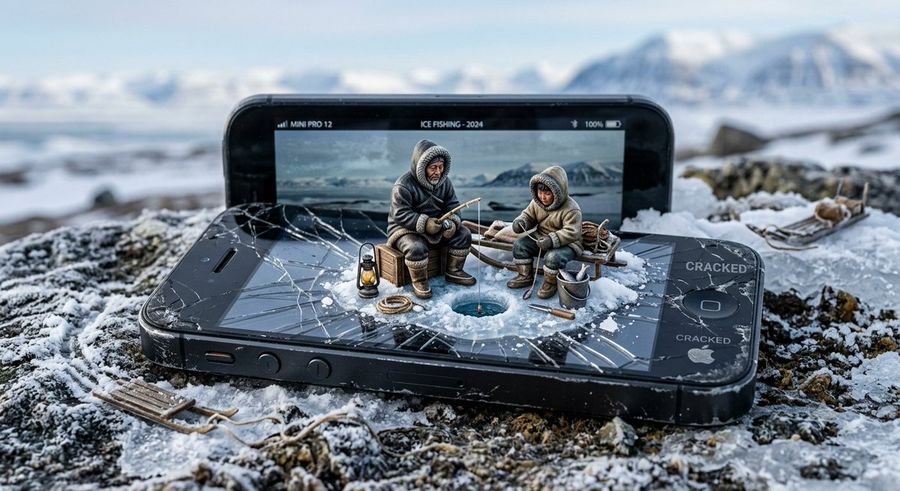 Miniature Inuit Fishing on Cracked Phone Screen