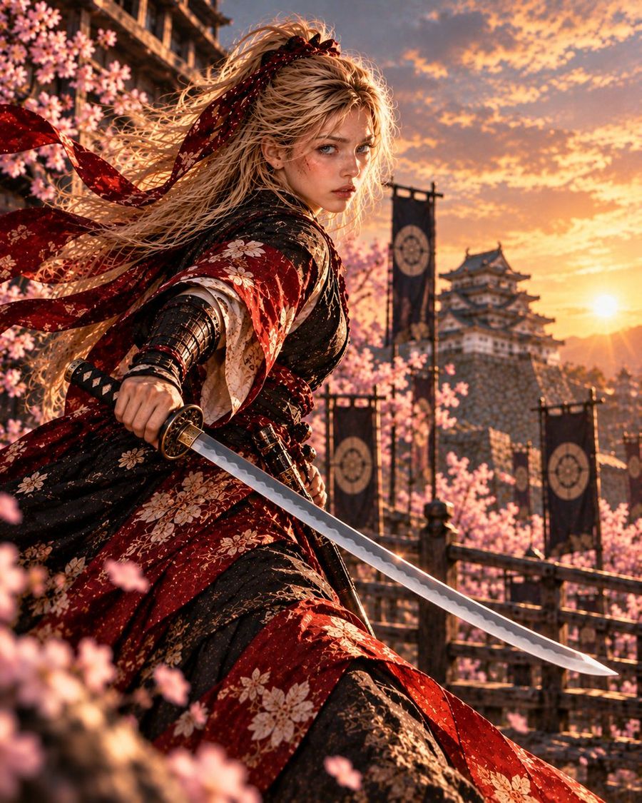 Blonde Female Samurai at Sunset Castle