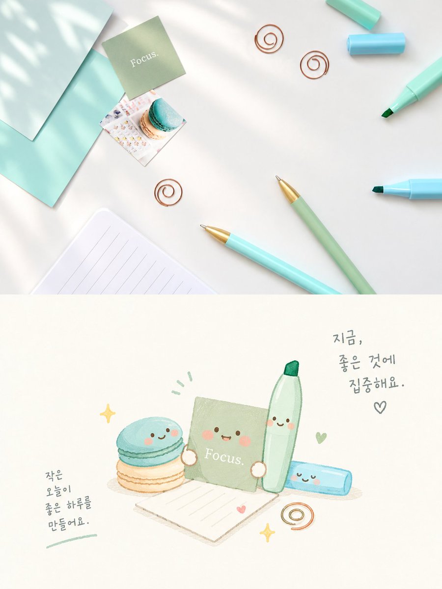 Cute Desk Flat Lay and Kawaii Illustration