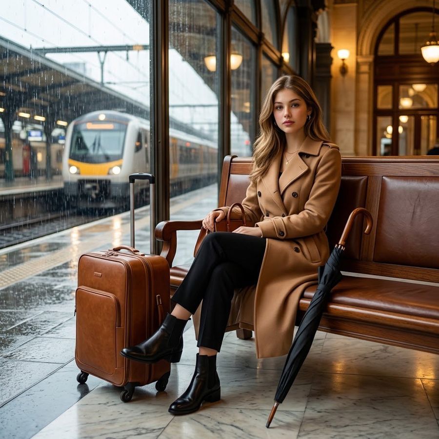 Full-Body Portrait at Station in Rain