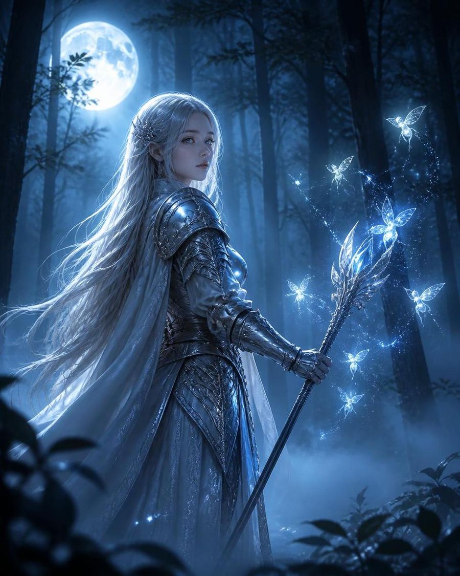 Silver-Haired Warrior in Moonlight Forest