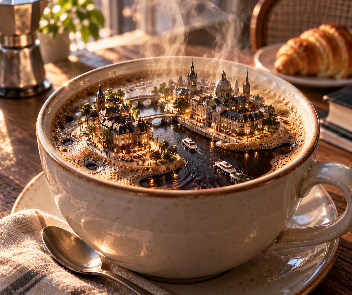 Miniature City in a Coffee Cup