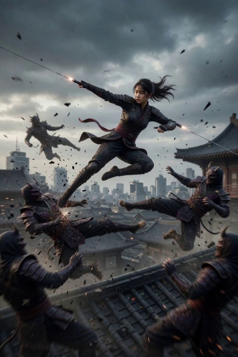 Dark Warrior Stormy Rooftop Video Prompt