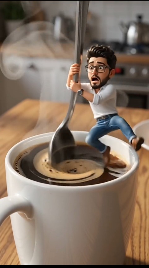 Chibi Character Stirring Giant Coffee