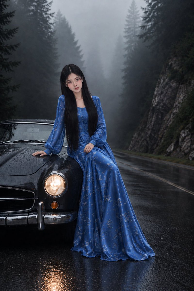 Korean Girl on Classic Car in Misty Mountains