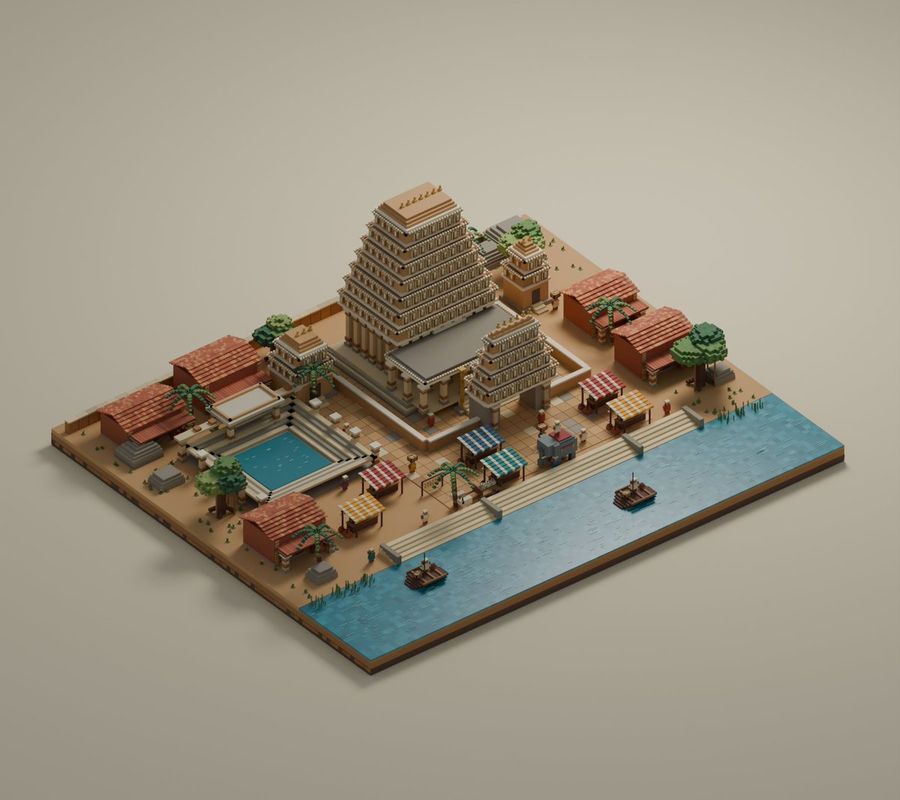 Isometric Voxel Style River Temple City