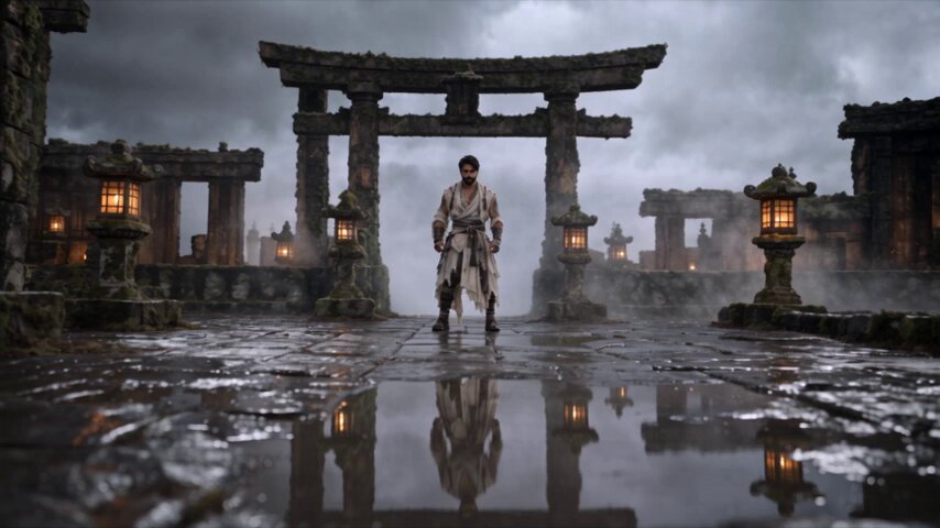 Cinematic Martial Arts Fight in Ruined Temple