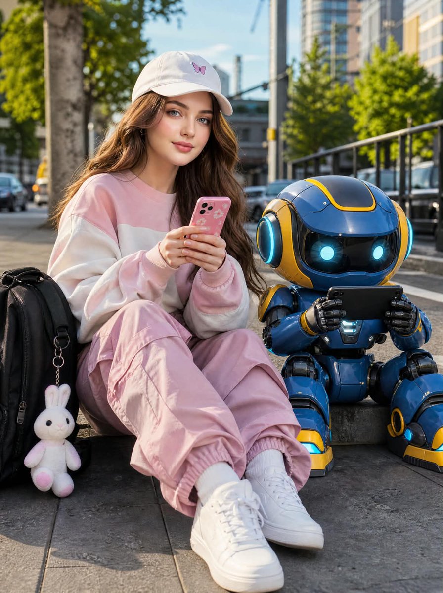 Woman and Robot on Sidewalk