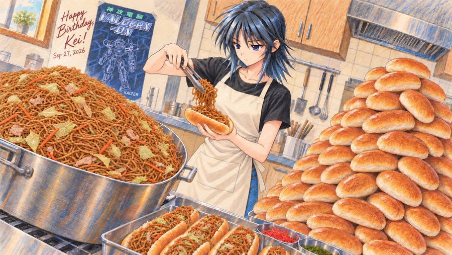 Anime Character Making Yakisoba Sandwich