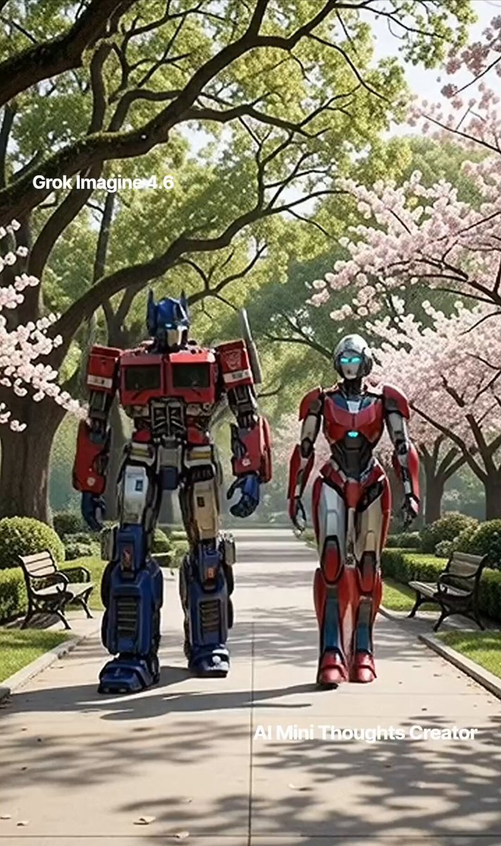 Two Optimus Robots Walking in a Park