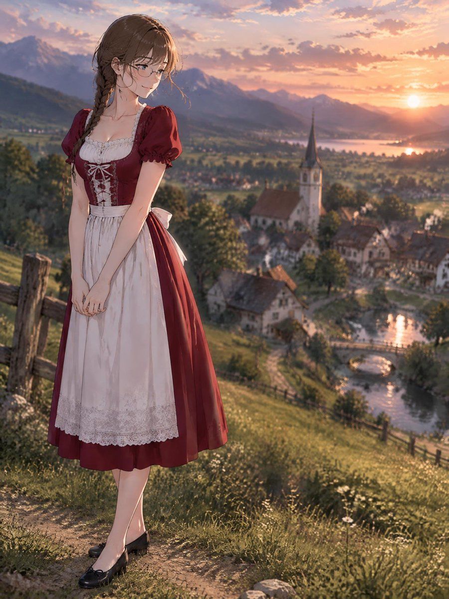 Anime Girl in Dirndl Overlooking Village Sunset
