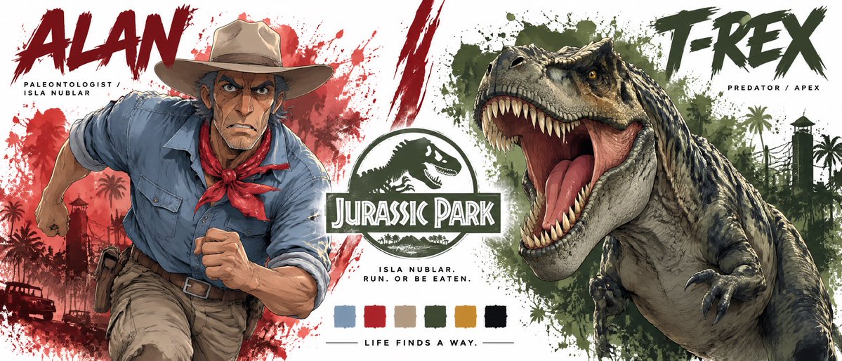 Cinematic Character Sheet for Alan and T-Rex