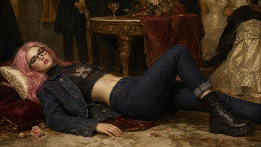 Pink-Haired Girl in Denim Reclining on Marble